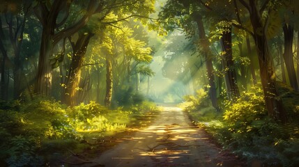 Fototapeta premium Serene forest path with sunlight filtering through trees, offering a tranquil journey.