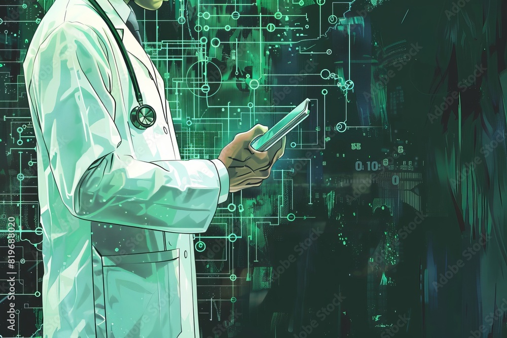 Aufkleber doctor analyzing health data on device - medical management and visual data design element