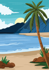 beautiful ocean vector illustration design with coconut trees and sun.eps