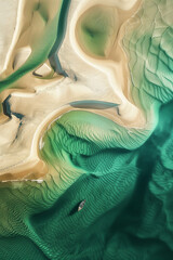 landscape in the desert, wavy green and beige sand patterns on top, a small boat floating in an emerald sea in distance, emerald green water and beige colors, aerial view, drone shot, photorealistic /