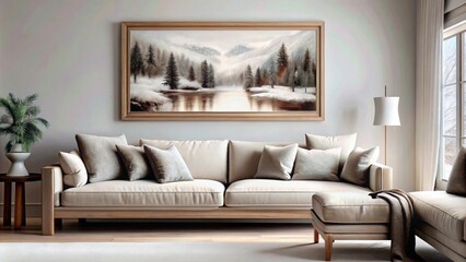 a large framed picture of the winter lake in an elegant living room with sofa and coffee table, a painting hanging on wall
