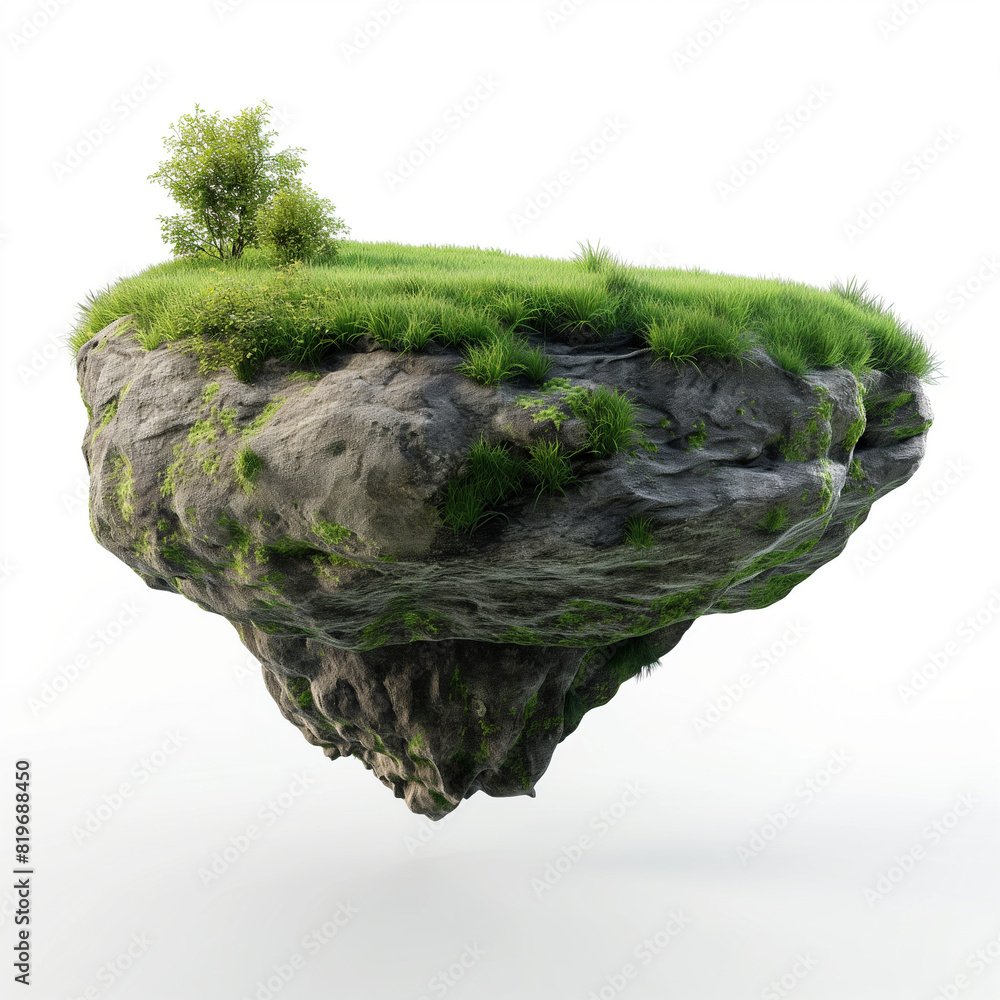 Wall mural green grass island on  isolated white background. fantasy floating island with natural grass field on the rock, surreal float landscape with paradise concept Fantasy island floating in the air.