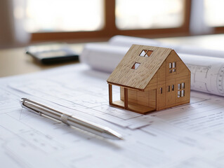 Kleines Modellhaus auf einem Bauplan, der auf einem weißen Tisch liegt, daneben ein Kugelschreiber und ein Vertrag, 