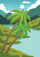 vector illustration design of beautiful beach scene with trees and hills.eps