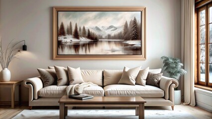 a large framed picture of the winter lake in an elegant living room with sofa and coffee table, a painting hanging on wall