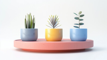 3d rendering of podium and abstract geometric with empty space for kids or baby product succulents and cactus with colorful pastel background. A colorful room with a blue ball and a bunch of cacti. 