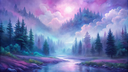 A dreamy landscape of a misty forest with a tranquil stream flowing through, under a soft watercolor sky painted in shades of purple and blue