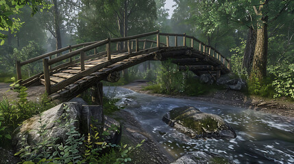 A wooden bridge arching over a babbling brook, its weathered planks blending seamlessly with the surrounding forest landscape.