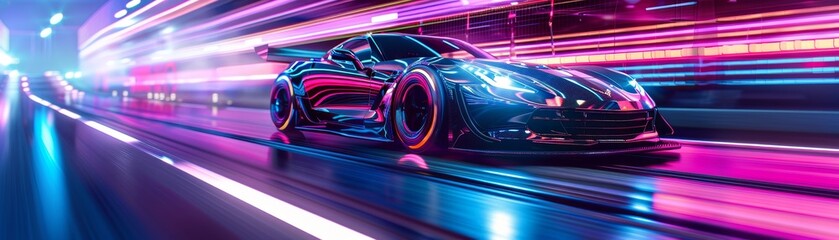 Futuristic race car charging past neon lights and holographic advertisements in a city racetrack