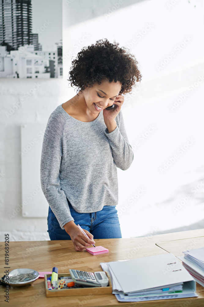 Poster african businesswoman, phone call and notes with communication in office for networking or conversat