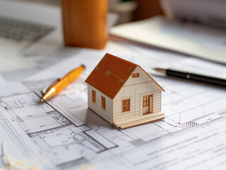 Kleines Modellhaus auf einem Bauplan, der auf einem wei&szlig;en Tisch liegt, daneben ein Kugelschreiber und ein Vertrag, 