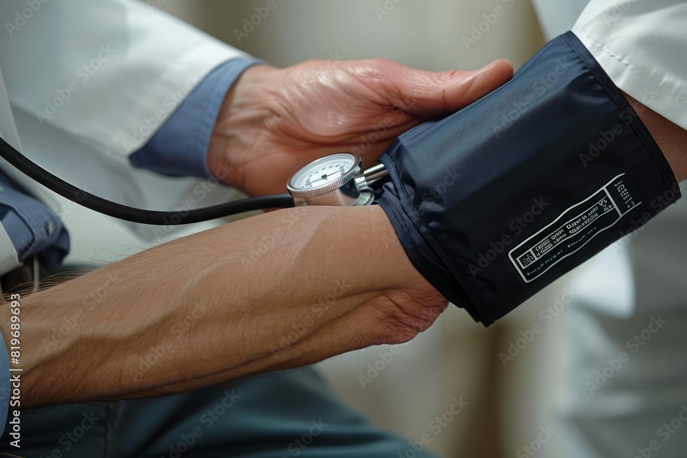 Wall mural a male doctor hand taking a patient blood pressure with the cuff around the patient arm and a gauge