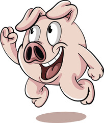 cartoon design of a cute smiling pig mascot jumping and clenching his fists.eps