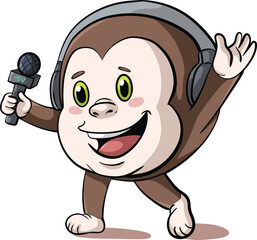 cartoon design of cute monkey mascot being a smiling announcer wearing a headset and mic.eps