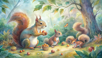 An enchanting woodland scene with a family of squirrels foraging for acorns in a dappled meadow, rendered in a watercolor painting style