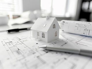 Kleines Modellhaus auf einem Bauplan, der auf einem weißen Tisch liegt, daneben ein Kugelschreiber und ein Vertrag, 