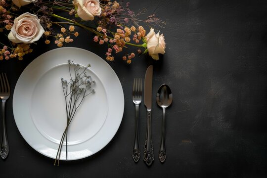 Elegant fine dining table setting for luxury wedding menu invitation banner with copy space