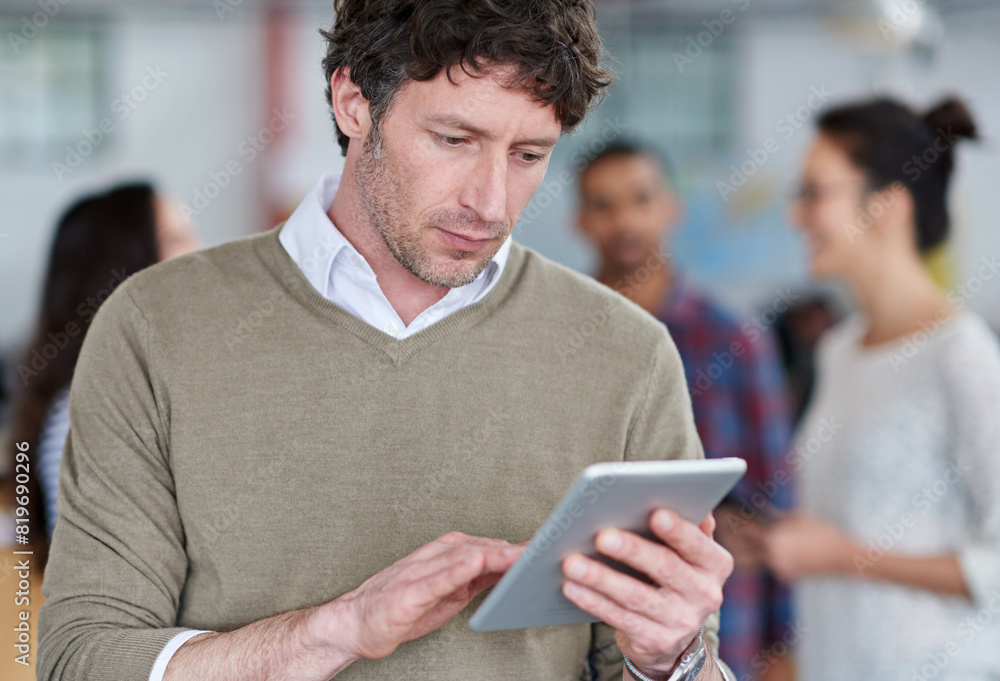 Aufkleber creative, man and online with tablet in office for web design or development for startup agency, bus
