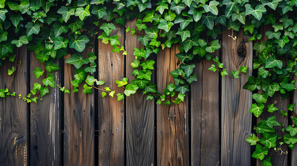A wooden fence adorned with vibrant green ivy, blending natural textures with lush foliage for a picturesque scene.