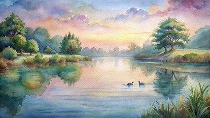A tranquil riverside landscape with ducks swimming peacefully in the water, surrounded by lush greenery and a watercolor sky reflected in the gentle ripples