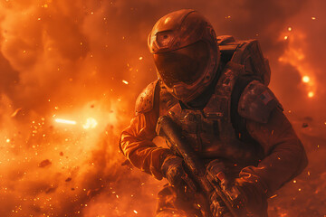 WW3 futuristic soldier in the foreground wearing armor and helmet, holding assault rifle while running through explosions of fire on battlefield, orange color, photorealistic // ai-generated 