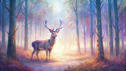 Majestic deer grazing peacefully in a sunlit forest clearing, with the soft hues of twilight casting a magical watercolor effect over the scene