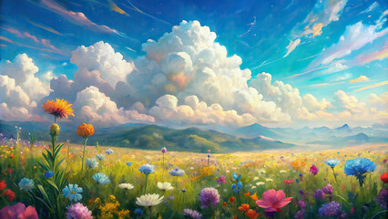 A picturesque meadow blanketed with colorful wildflowers, with fluffy clouds drifting lazily across a bright blue sky, creating a dreamy and idyllic atmosphere