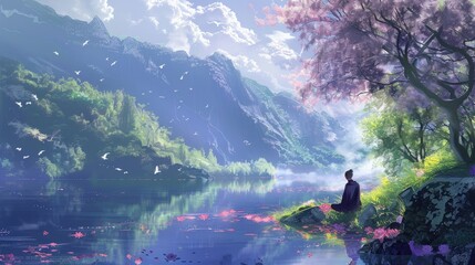 Digital anime style art painting depicting a serene scene of a man sitting with flowers by a beautiful lake surrounded by nature's tranquility
