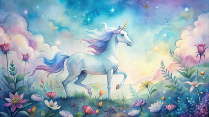 A dreamy illustration of a unicorn prancing through a magical meadow filled with colorful flowers and butterflies, painted in soft watercolor tones