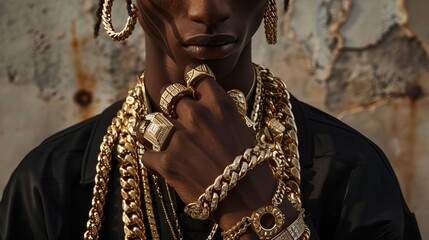 gold jewelry, including chains, rings, and bracelets. He often accessorized his outfits with multiple gold chains and statement pieces, adding a touch of extravagance to his streetwear-inspired looks 