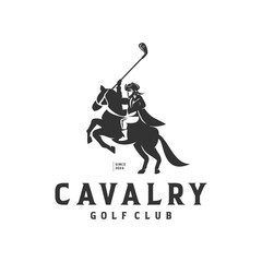 Soldier Cavalry Riding Horse With Golf Club Logo Design Black And White 