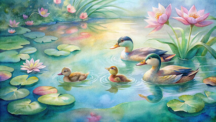 Adorable family of ducks swimming peacefully in a calm pond, with vibrant water lilies floating on the surface, creating a picturesque watercolor scene