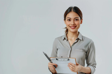 clean and minimalist backdrop, beautiful young businesswoman wearing elegant business shirt, symbolizing professionalism and expertise in the financial sector. With a pen and clipb