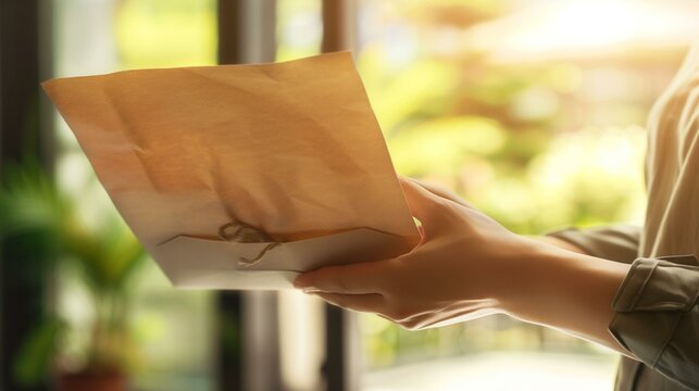 Woman hand holding brown envelope with string tied around