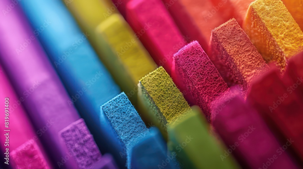 Poster macro close-up shot of vibrant color swatches arranged neatly, with shallow depth of field adding em