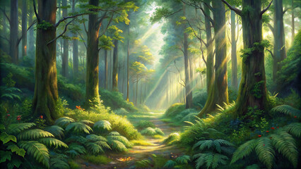A tranquil forest glade with sunlight streaming through the canopy, illuminating a carpet of lush green moss and ferns, creating a serene and enchanting atmosphere