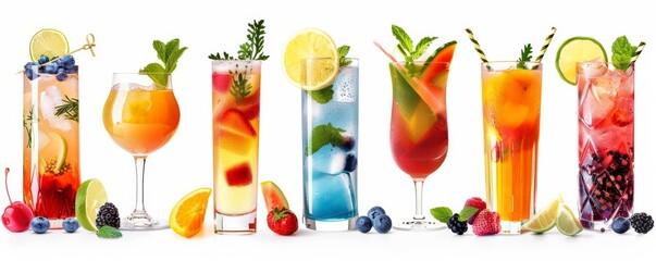 Range of vibrant cocktails and mocktails, assorted garnishes, in different glass types, on a white background, ideal for beverage promos