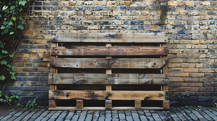 A wooden pallet leaning against a brick wall, its rough-hewn texture providing a rustic backdrop for an urban garden or outdoor seating area.