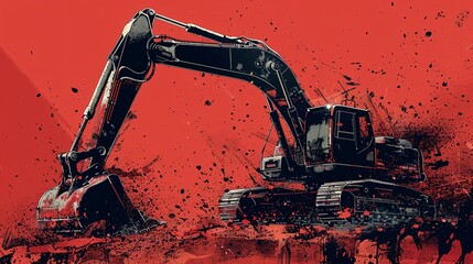 Modern excavator artwork in bold red and black hues, hand-drawn with intricate details, offering customizable text space