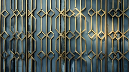 A detailed geometric gold metal grill gate is set against frosted glass panels in natural daylight