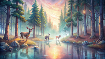 An enchanting forest scene with a family of deer grazing peacefully amidst towering trees, their reflections shimmering in a crystal-clear stream under the soft light of the setting sun