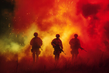 WW3 three soldiers standing in an explosion, with red and yellow smoke, silhouette photography, photorealistic // ai-generated 