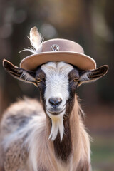 Portrait of a goat wearing a hat with a feather