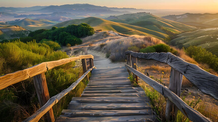 A wooden staircase winding up a hillside, its weathered steps leading to a breathtaking vista overlooking rolling hills and distant mountains. - Powered by Adobe