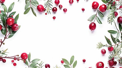   An overhead view of cranberries and leaves on a white background, leaving room for text in the middle