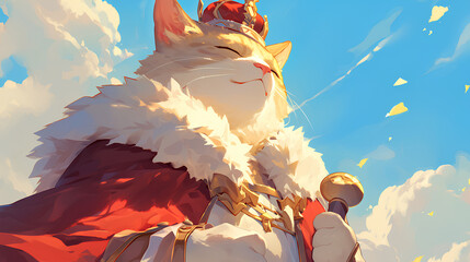 cat wearing a crown and a flying cape tied around his neck, anime style