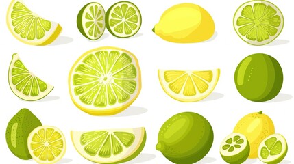  Set of lemons and limes with slices, whole, and halved lemons on a white background