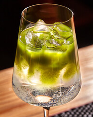 Chilled matcha tonic cocktail in elegant stemmed glass
