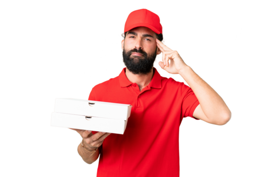 Pizza delivery man with work uniform picking up pizza boxes over isolated chroma key background having doubts and thinking