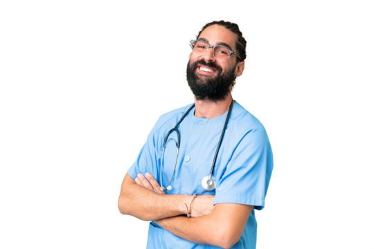 Young doctor man over isolated chroma key background with arms crossed and looking forward